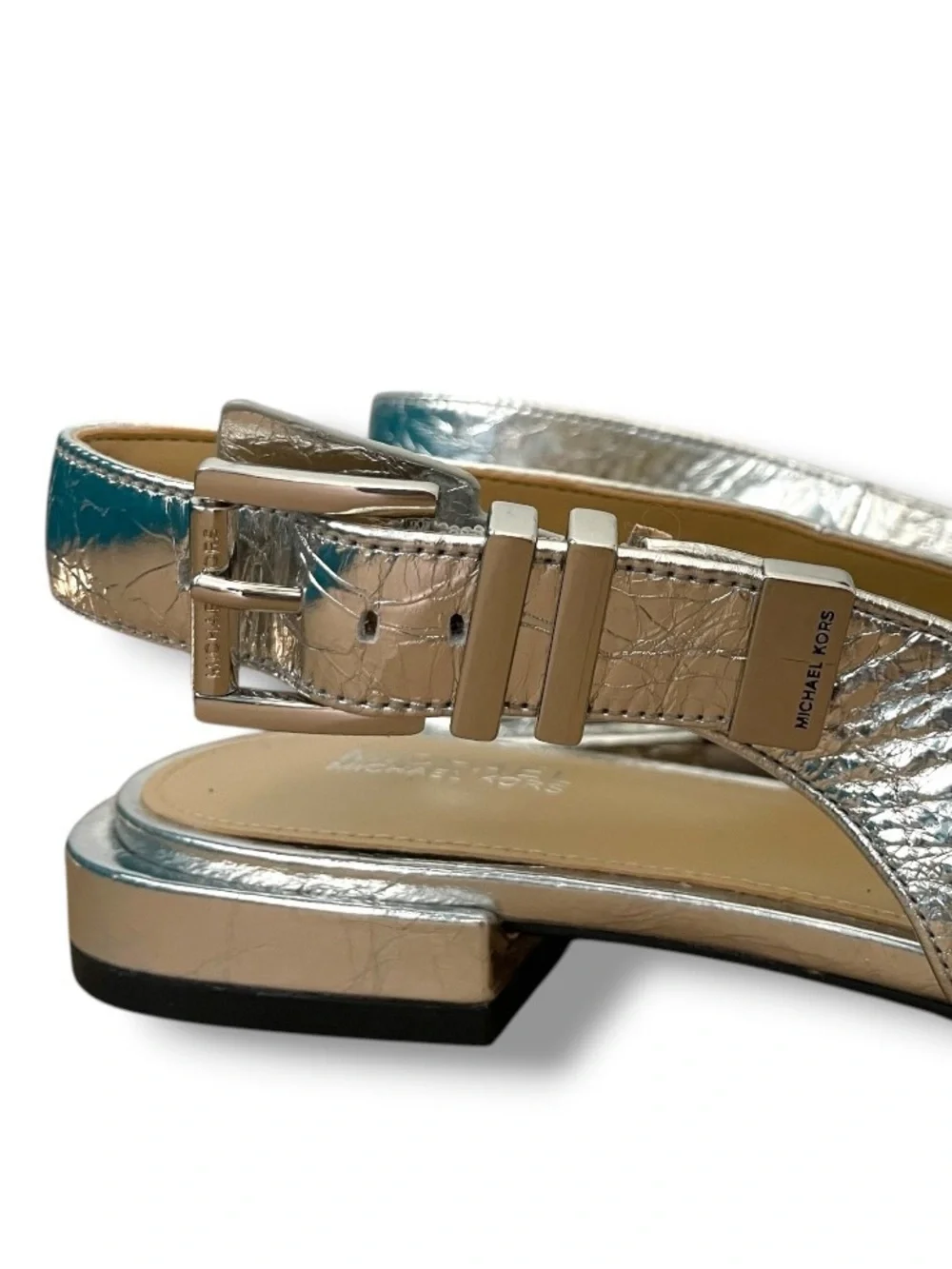 Michael Kors Silver Slingback Flats 7.5M Metallic Crackle Leather Pointed Toe